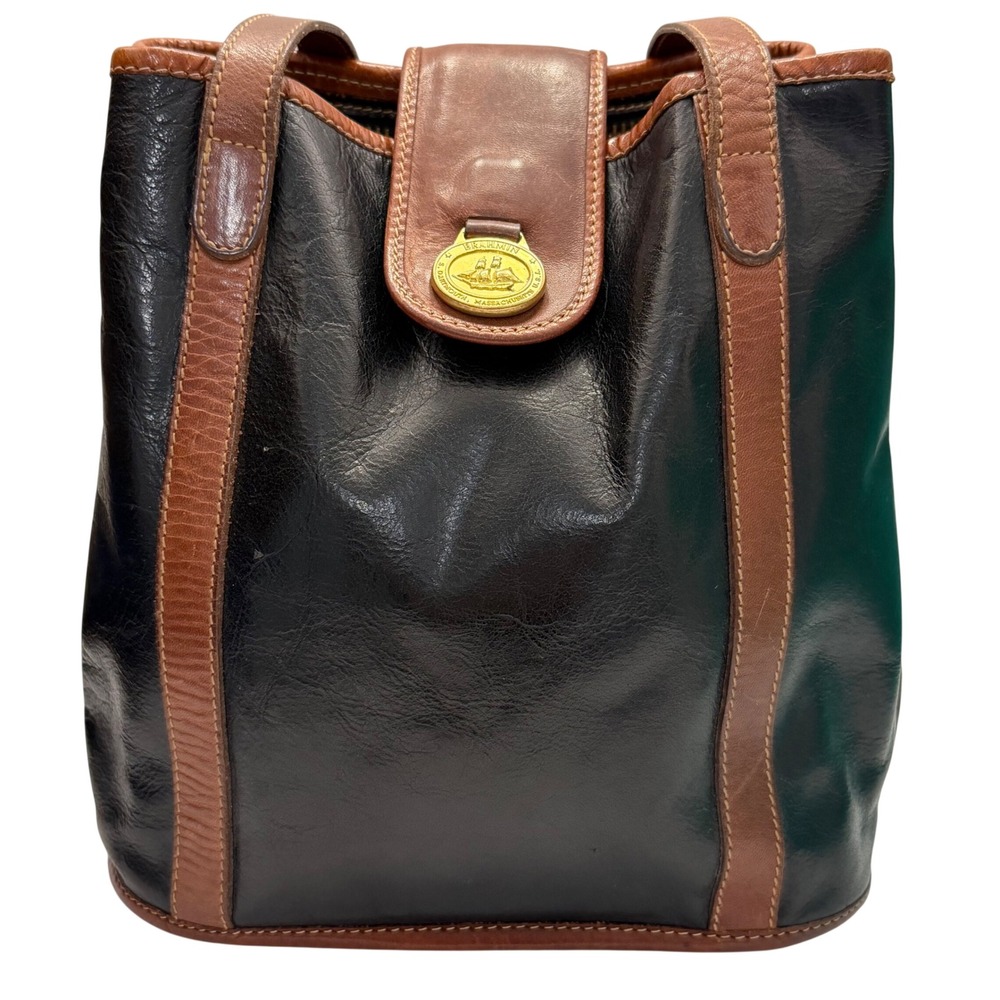 Vintage Brahmin Black Brown Leather Bucket Bag‎ Shoulder Bag USA Made Gold Logo